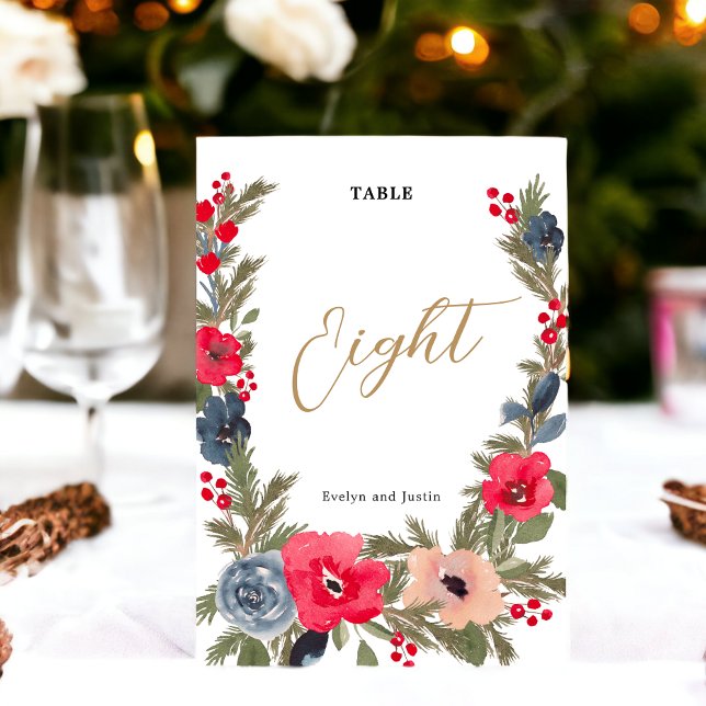 Rustikales Elegant Winter Rot grün Tischnummer (Rustic Elegant Winter Floral red green Table Number)