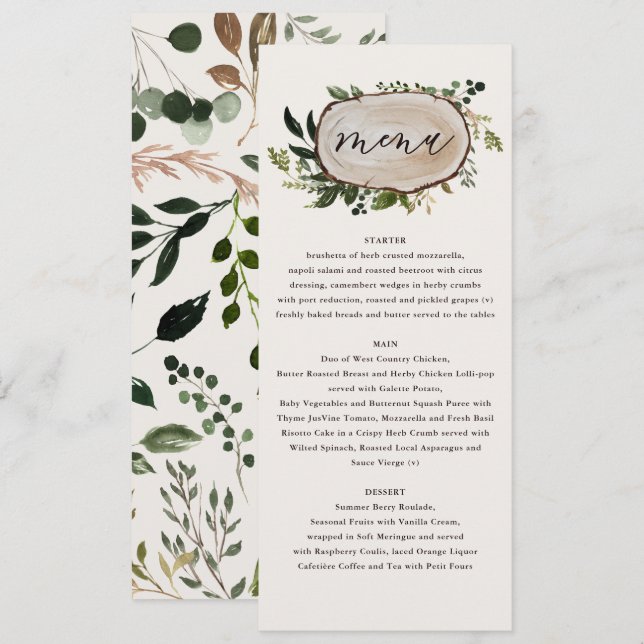 Rustikales, elegantes botanisches Hochzeitsmenü Menükarte (Vorne/Hinten)