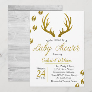 Rustikales Elegantes Grauholz Gold Antlers Baby Du Einladung
