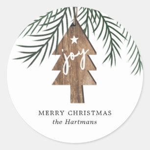 Rustikales Elegantes Holz Bäume Joy Ornament Weihn Runder Aufkleber