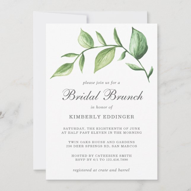 Rustikales Elegantes Watercolor Grüne Bridal Brunc Einladung (Vorderseite)