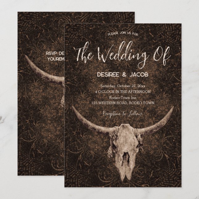 Rustikales Eleganza Brown Western Bull Skull Einladung (Vorne/Hinten)