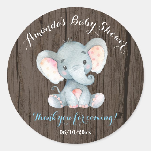 Rustikales Elephant Baby Dusche Blau Vielen Dank Runder Aufkleber (Vorderseite)