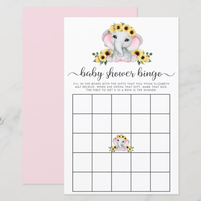 Rustikales Elephant Sunflowers Baby Showroom Bingo (Vorne/Hinten)