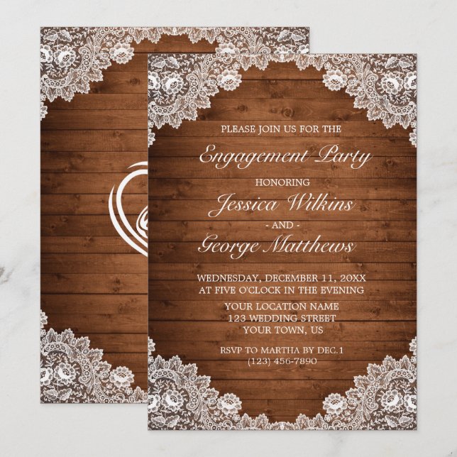 Rustikales Engagement für Holz und weiße Spitzen Einladung (Vorne/Hinten)