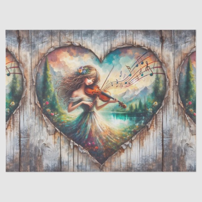 Rustikales Ephemermädchen Violindekoupage Seidenpapier (Vorderseite)