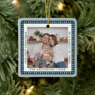 Rustikales erstes Weihnachtsfamilienfoto doppelsei Keramikornament