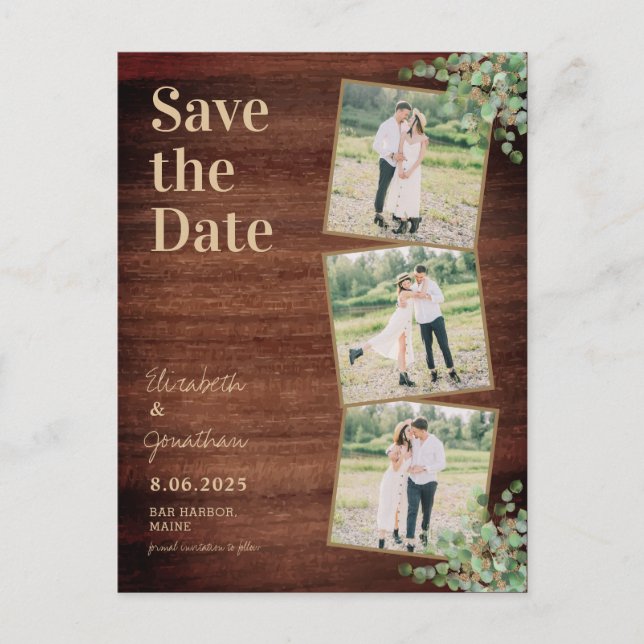 Rustikales Eukalyptus-Foto Save the Date Postkarte (Vorderseite)