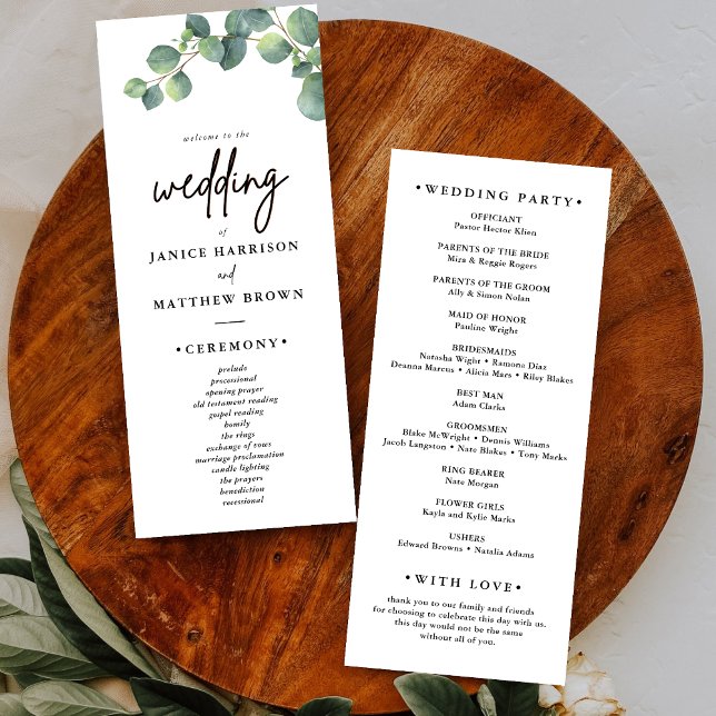 Rustikales Eukalyptus-Grün-Hochzeitsprogramm (Eucalyptus greenery wedding program guides your ceremony with rustic charm and clear flow.)