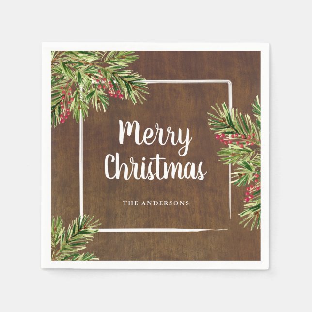 Rustikales Evergreen und Berries Frohe Weihnachten Serviette (Vorderseite)