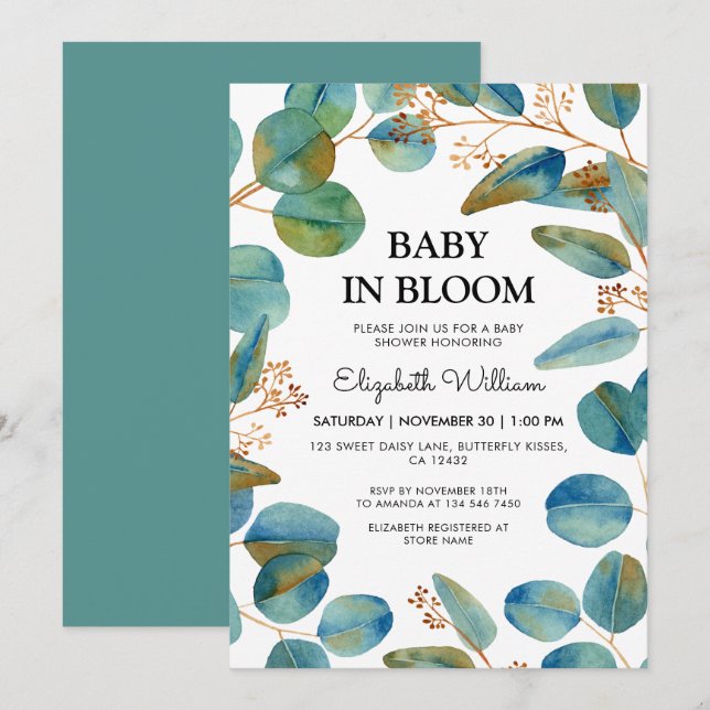 Rustikales Eykalyptus Baby in Bloom Baby Dusche Einladung (Vorne/Hinten)