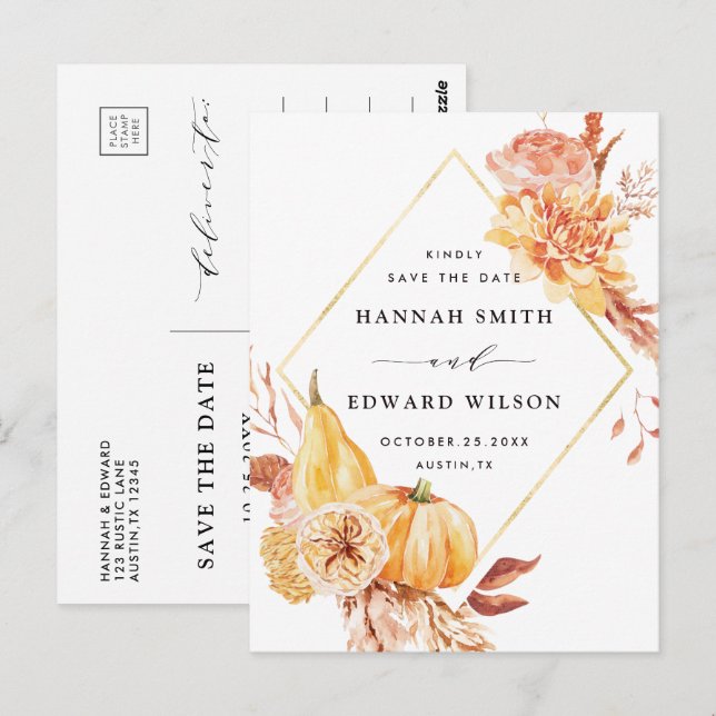 Rustikales Fall Floral Wedding Foto Save the Date Postkarte (Vorne/Hinten)