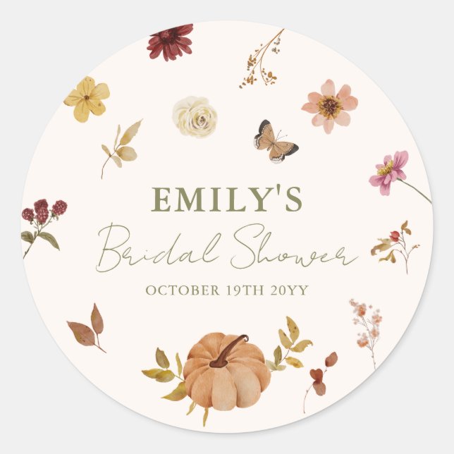 Rustikales Fall Pumpkin Floral Brautparty Runder Aufkleber (Vorderseite)