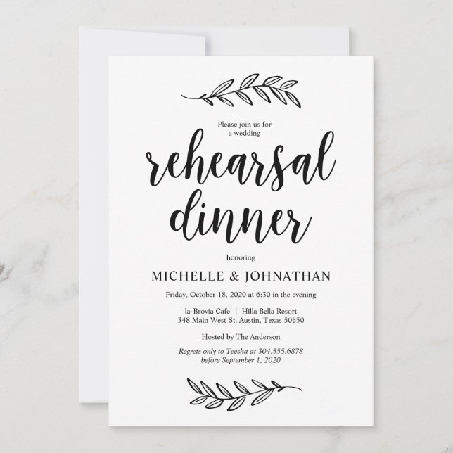 Rustikales Farm Black Script, Hochzeit Probe Dinne Einladung (Vorderseite)