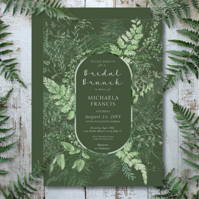 Rustikales Fern Green Foliage Emerald Bridal Brunc Einladung (Rustic Fern Green Foliage Emerald Bridal Brunch Invitation)