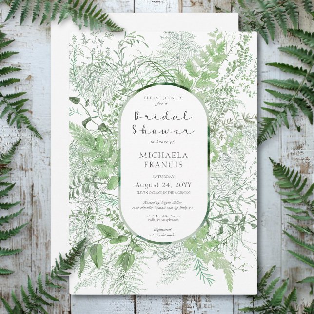 Rustikales Fern Green Foliage Weißes Brautparty Einladung (Rustic Fern Green Foliage White Bridal Shower Invitation)