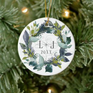 Rustikales First Christmas Verlobt Wreath Foto Keramik Ornament
