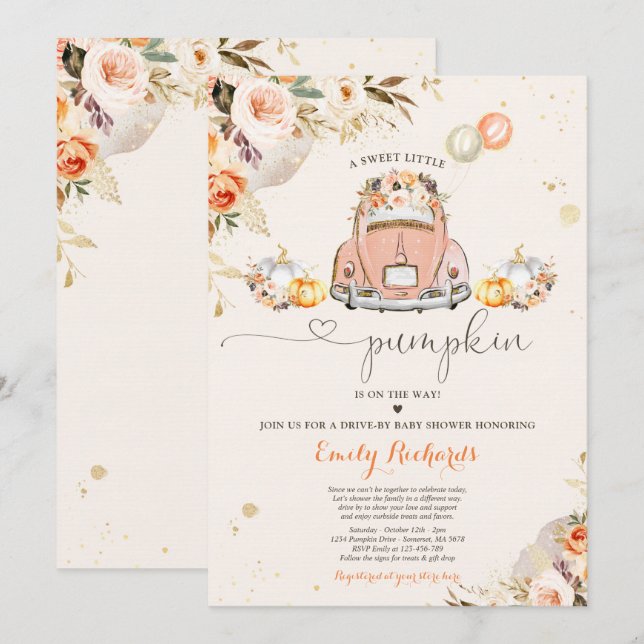 Rustikales Flora Pumpkin Drive by Baby Dusche Einladung (Vorne/Hinten)