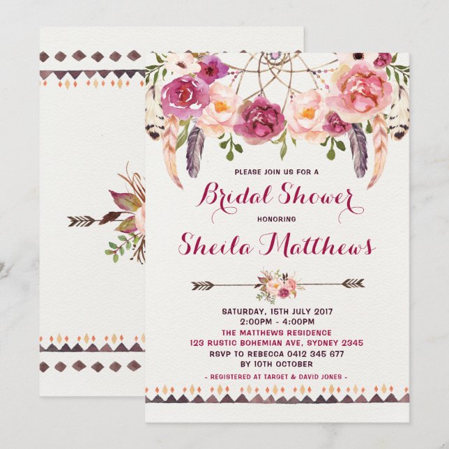 Rustikales floral Boho Einladung Brautparty einlad (Vorne/Hinten)