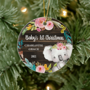 Rustikales Floral Koala Baby's First Christmas Keramik Ornament