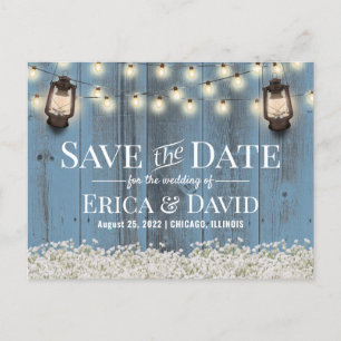 Rustikales Floral Lantern Dusty Blau Save the Date Ankündigungspostkarte