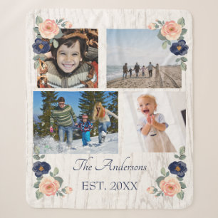 Rustikales Floral Navy Blue und Pfirsichfoto Colla Sherpadecke
