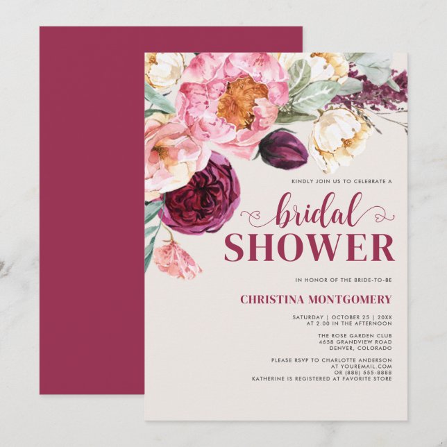 Rustikales, florales Burgund Botanisches Brautpart Einladung (Vorne/Hinten)