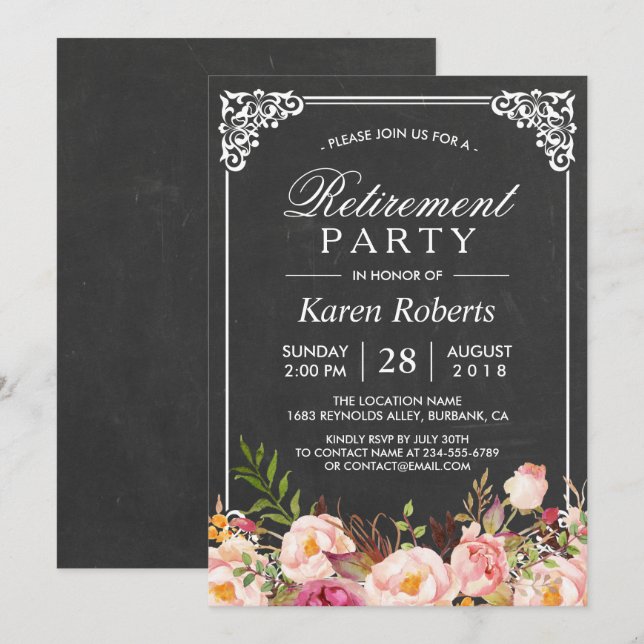 Rustikales, florales Elegantes Chalkboard Retireme Einladung (Vorne/Hinten)