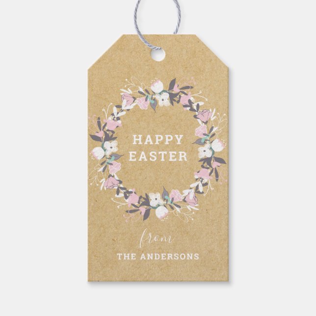 Rustikales florales glückliches Osterfest Geschenkanhänger (Vorderseite)