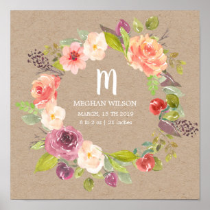 Rustikales florales Kraft-Personalisiertes Baby-Ge Poster