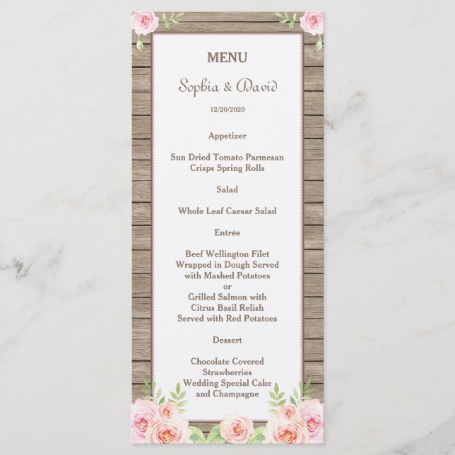 Rustikales, florales Menü für Hochzeiten aus Holz Menükarte (Vorderseite)