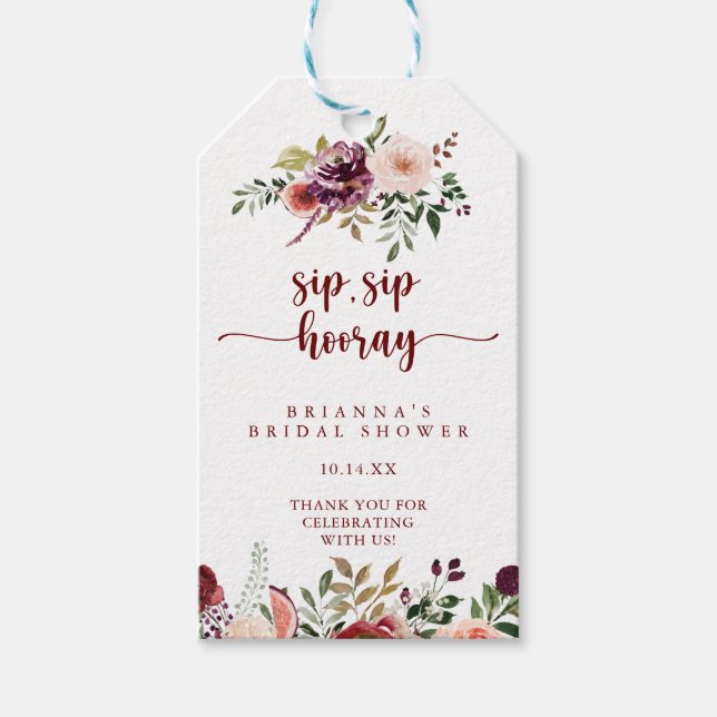 Rustikales, florales Sip Hooray Brautparty Geschenkanhänger (Vorderseite)