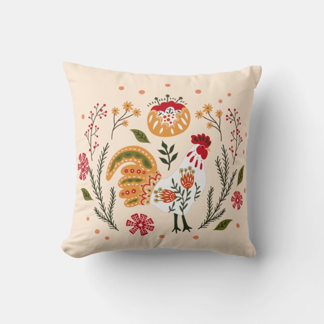 Rustikales Folk Art Rooster Kissen (Vorderseite)
