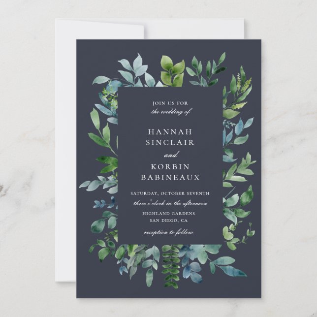 Rustikales Forest Foliage Navy Blue Wedding Einladung (Vorderseite)