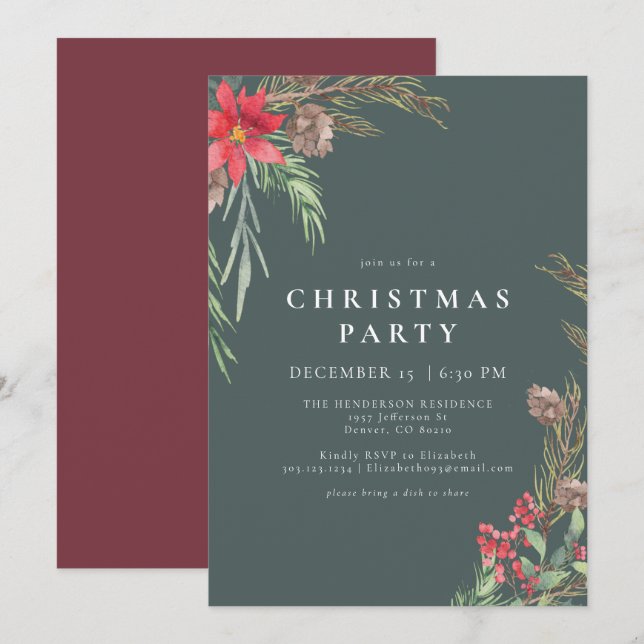 Rustikales Forest Green Winter Floral Weihnachten  Einladung (Vorne/Hinten)