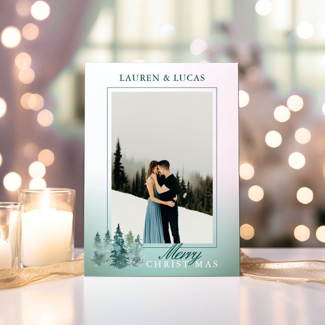 Rustikales FOTO Aquarellbaum Weihnachtsfest Feiertagskarte (Rustic Watercolor Tree Holiday Christmas PHOTO | First Married)