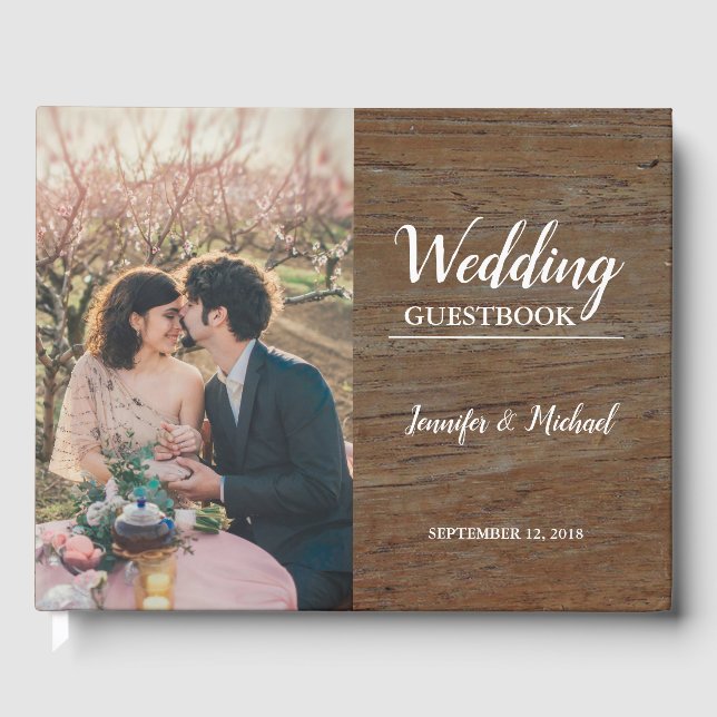 Rustikales Foto aus dunklem Holz Hochzeit Gästebuch (Vorderseite)