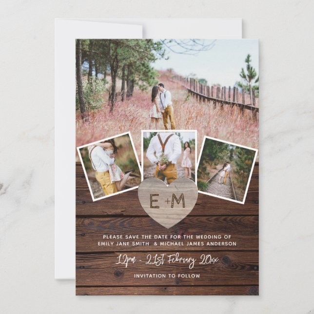Rustikales FOTO aus Holz mit Gravur SAVE THE DATE Einladung (Vorderseite)