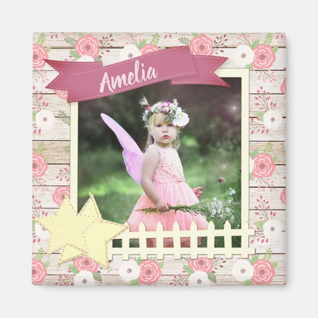 Rustikales Foto aus Holz und rosa Blüten Magnet (Vorne)