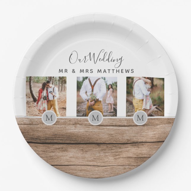 Rustikales Foto Collage Monogram NEWLYWEDS WEDS Pappteller (Vorderseite)