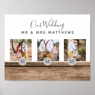 Rustikales Foto Collage Monogram NEWLYWEDS WEDS Poster