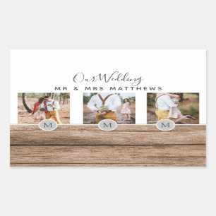 Rustikales Foto Collage Monogram NEWLYWEDS WEDS Rechteckiger Aufkleber