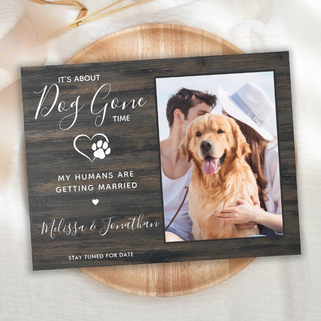 Rustikales Foto Funny Pet Wedding Hund Verlobung Ankündigungspostkarte (Von Creator hochgeladen)
