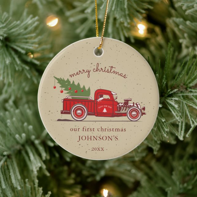 Rustikales Foto für den ersten Weihnachtsroten LKW Keramik Ornament (Baum)