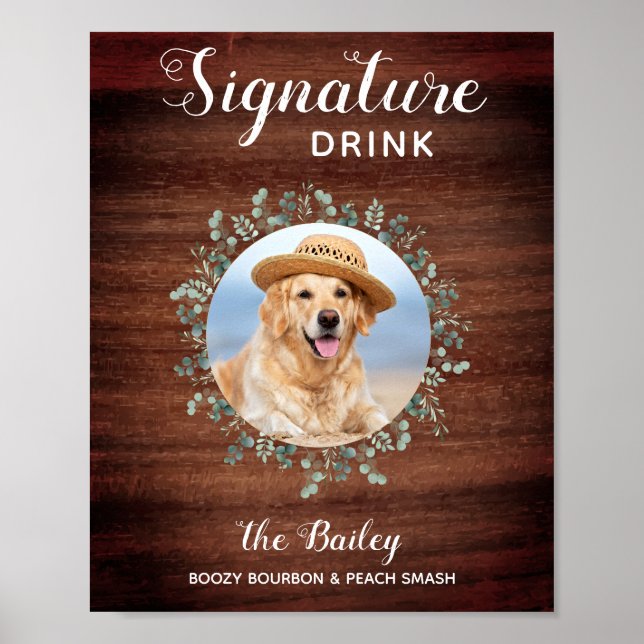 Rustikales Foto Hochzeit Hund Bar Signature Drinks Poster (Vorne)
