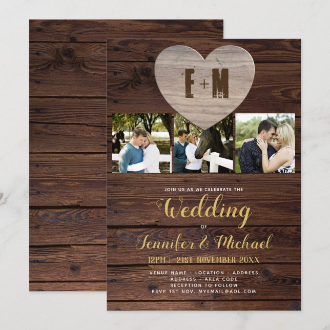 Rustikales FOTO Hochzeitseinladungen Goldkalligrap Einladung (Vorne/Hinten)
