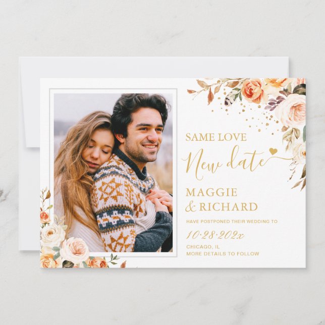 Rustikales Foto im Herbst mit Gold florale Hochzei Save The Date (Vorderseite)