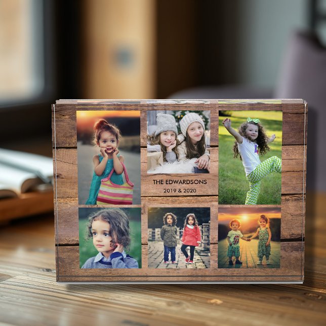 Rustikales Foto-Kollage Foto (Rustic wood family photo collage photo block. Personal photo block to show your beautiful memories.
)