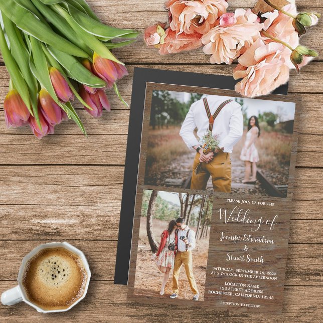 Rustikales Foto Magneteinladung (Rustic barn wood photo collage magnetic wedding invitation.)