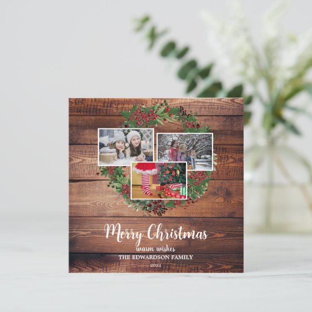 Rustikales Foto mit Merry Holiday Karte (Stehend Vorderseite)